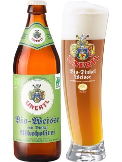 Deutsches Bier Unertl Bio Weisse Dinkel Alkoholfrei in der 0,5 l Bierflasche mit vollem Bierglas