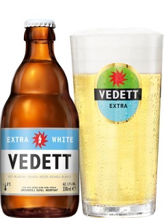belgisches Bier Vedette Extra White in der 33 cl Bierflasche mit vollem Bierglas