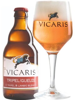 belgisches Bier Vicaris Tripel Geuze 0,33 l Bierflasche mit vollem Bierglas