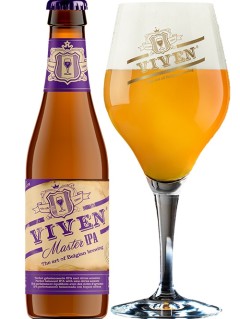 belgisches Bier Viven Master IPA in der 33 cl Bierflasche mit vollem Bierglas