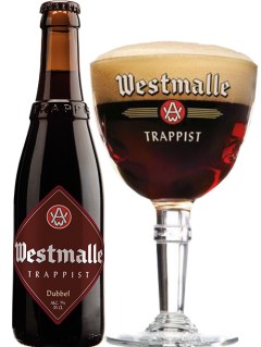 belgisches Bier Westmalle Dubbel in der 33 cl Bierflasche mit vollem Bierglas