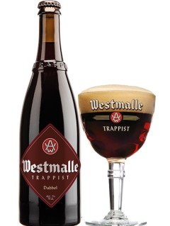 belgisches Bier Westmalle Trappist Dubbel in der 75 cl Bierflasche mit vollem Bierglas