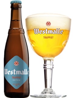 belgisches Bier Westmalle Trappist Extra in der 0,33 l Bierflasche mit vollem Bierglas