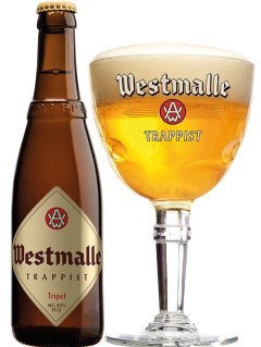 belgisches Bier Westmalle Tripel in der 0,33 l Bierflasche mit vollem Bierglas