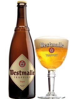 belgisches Bier Westmalle Trappist Tripel in der 75 cl Bierflasche mit vollem Bierglas