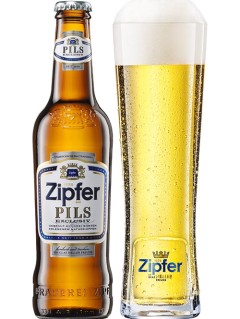 österreichisches Bier Zipfer Pils in der 0,33 l Bierflasche mit vollem Bierglas