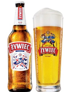 polnisches Bier Zywiec in der 0,5 l Bierflasche mit vollem Bierglas